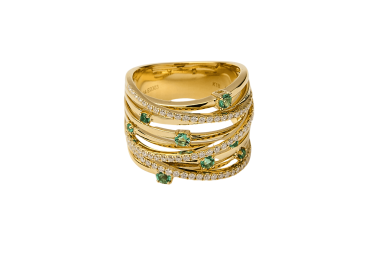 Anillo cruzado con esmeraldas y diamantes