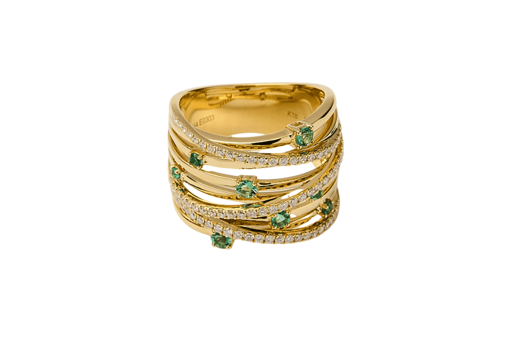 Anillo cruzado con esmeraldas y diamantes
