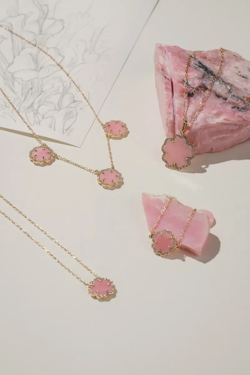 Collares QANTU junto a piedras de ópalo andino rosa