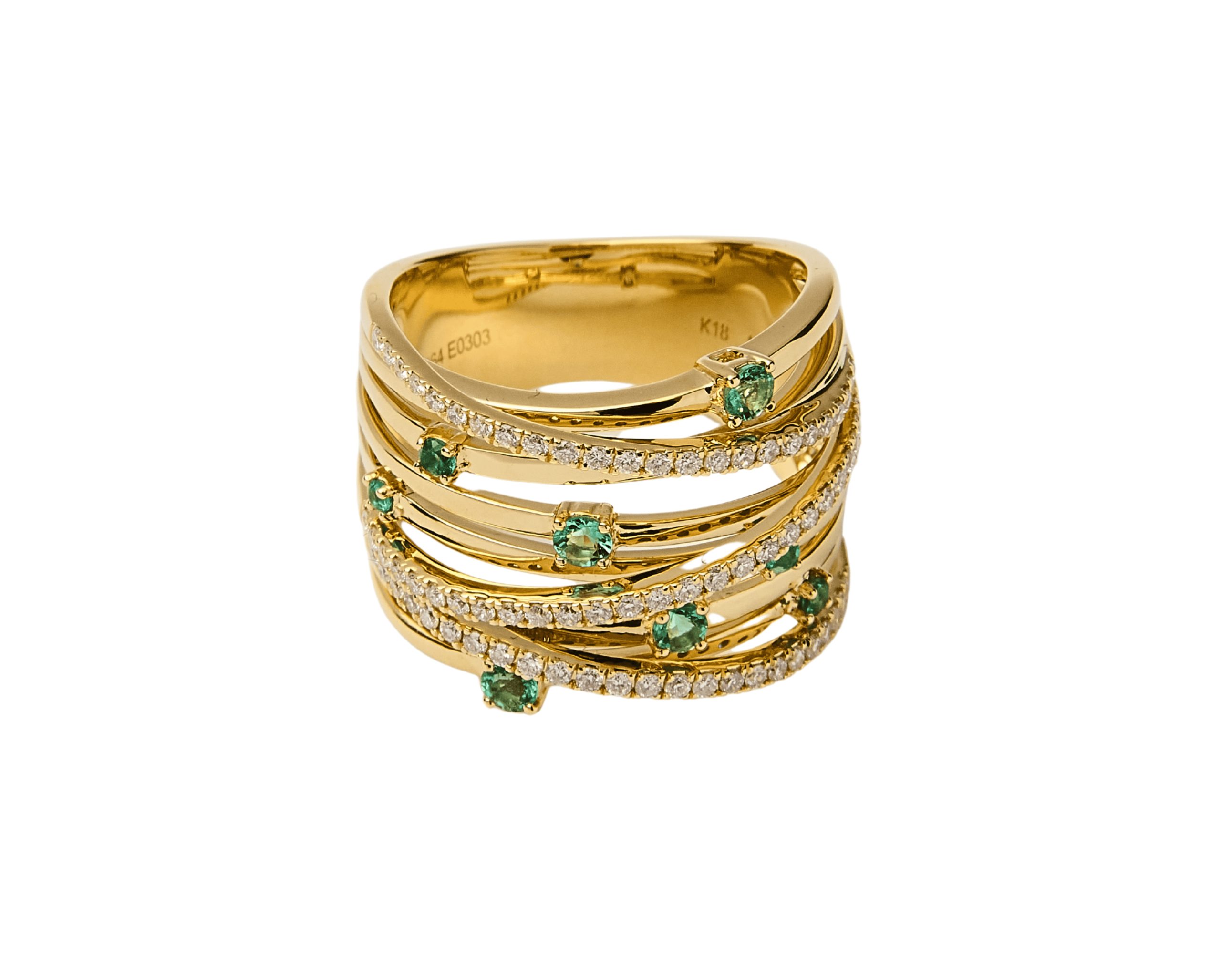 Anillo cruzado con esmeraldas y diamantes