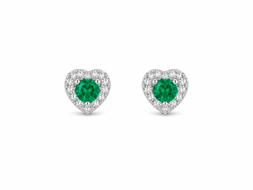 Aretes corazón con diamantes y esmeraldas